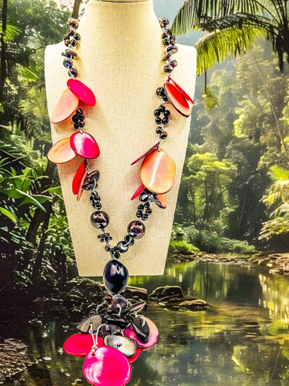 Vintage 90s Tagua Nut Statement Necklace - Fuchsia Vegetable Ivory
